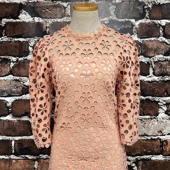Just Me Lattice Dress NWT Long Sleeve Cut Out Floral Midi Pink Size Medium M - Picture 7 of 17